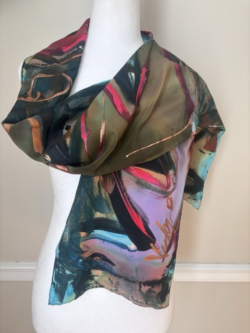 Mary Kuder Abstract Hand Painted Art Silk Scarf Artist Signed 70"x12.5" Bohemian